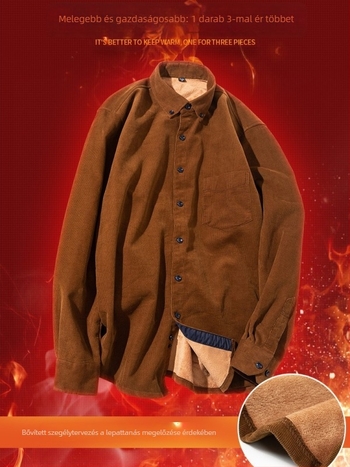 Férfi pamut kordbársony ing fleece béléssel, hosszú ujjak, gallér típusa lapel, karcsú szabás