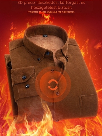 Férfi pamut kordbársony ing fleece béléssel, hosszú ujjak, gallér típusa lapel, karcsú szabás