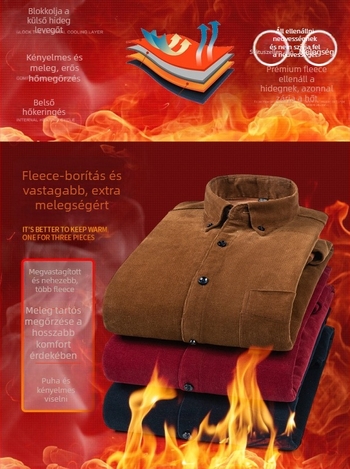 Férfi pamut kordbársony ing fleece béléssel, hosszú ujjak, gallér típusa lapel, karcsú szabás