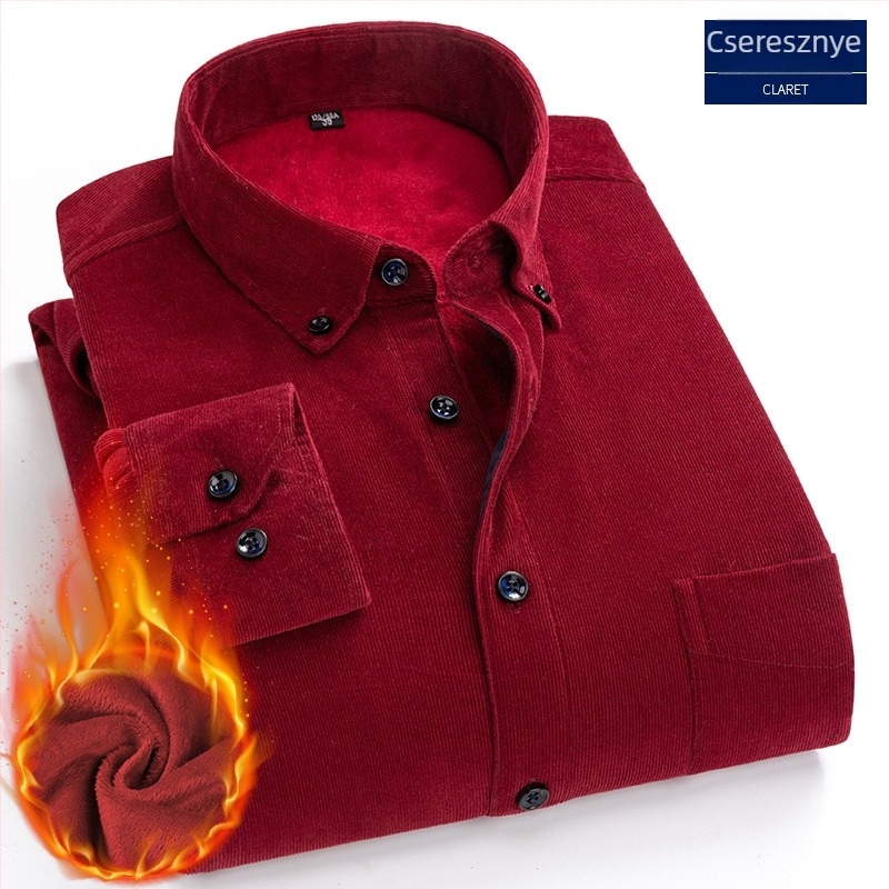 Férfi pamut kordbársony ing fleece béléssel, hosszú ujjak, gallér típusa lapel, karcsú szabás