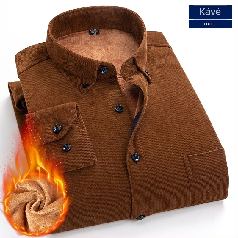 Férfi pamut kordbársony ing fleece béléssel, hosszú ujjak, gallér típusa lapel, karcsú szabás