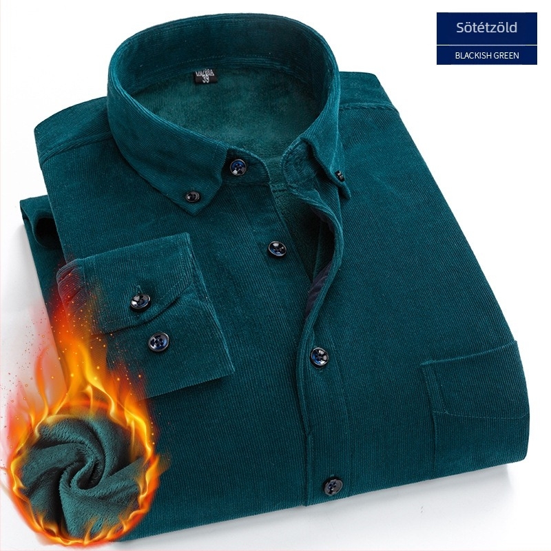 Férfi pamut kordbársony ing fleece béléssel, hosszú ujjak, gallér típusa lapel, karcsú szabás