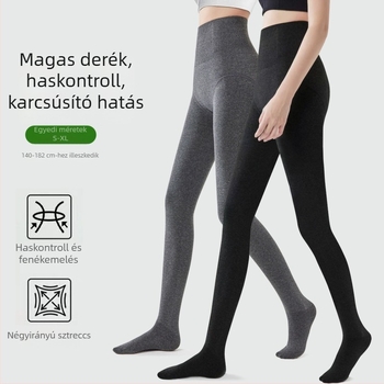Magas derekú fleece bevonat leggings nőknek, hosszított fazon, nem csúszik le, halcsont mintázat, őszi-téli, kávé színű