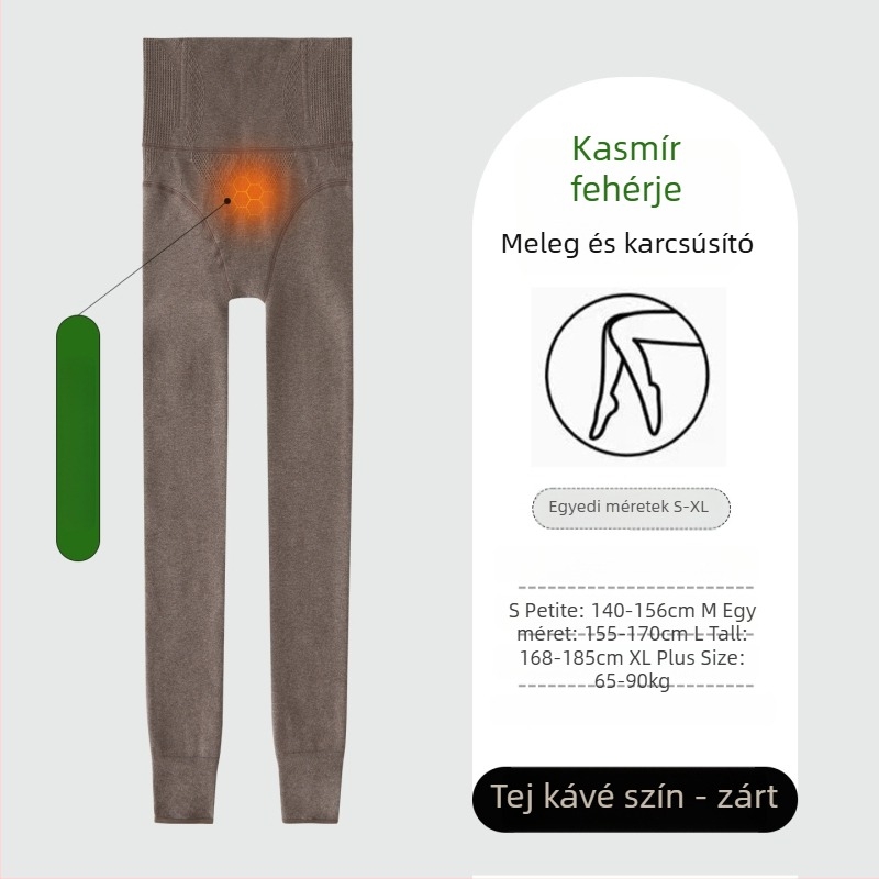 Magas derekú fleece bevonat leggings nőknek, hosszított fazon, nem csúszik le, halcsont mintázat, őszi-téli, kávé színű
