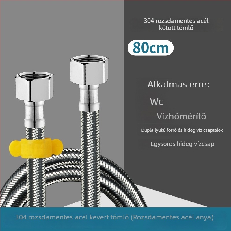 Rozsdamentes acélból készült, többszövésű vízbevezető tömlő, menetes csatlakozással — 0–90°C, 1.0 MPa, alkalmas WC-hez és vízmelegítőhöz