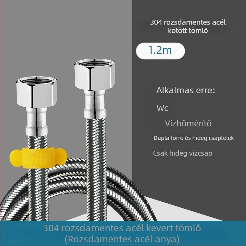 Rozsdamentes acélból készült, többszövésű vízbevezető tömlő, menetes csatlakozással — 0–90°C, 1.0 MPa, alkalmas WC-hez és vízmelegítőhöz