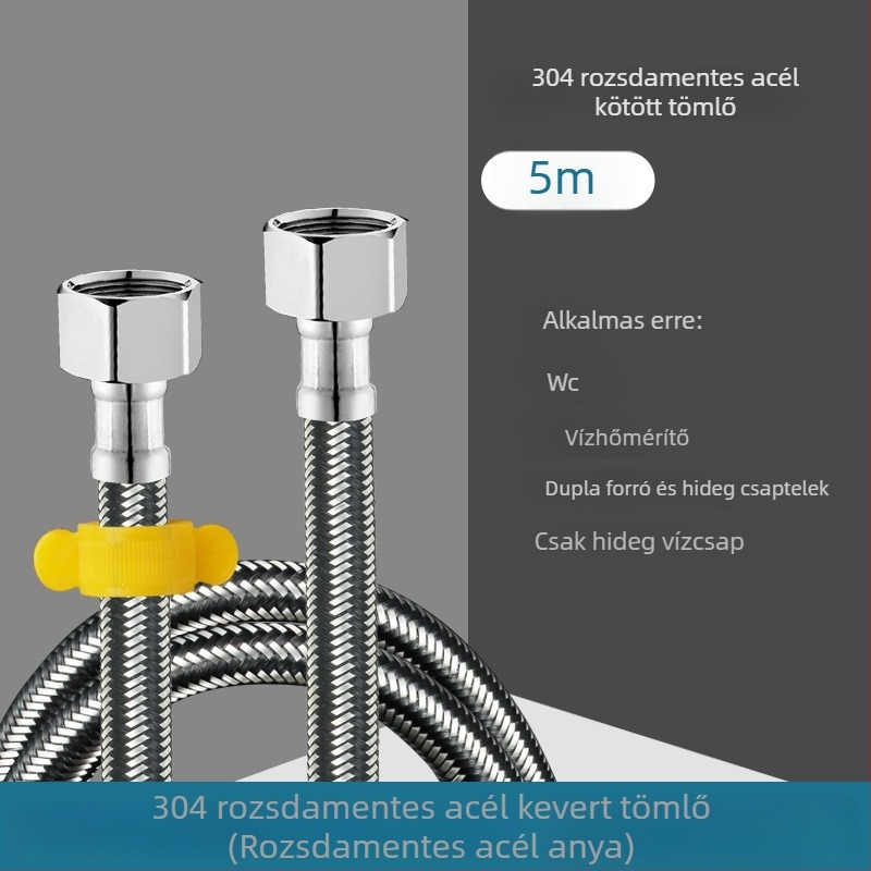 Rozsdamentes acélból készült, többszövésű vízbevezető tömlő, menetes csatlakozással — 0–90°C, 1.0 MPa, alkalmas WC-hez és vízmelegítőhöz