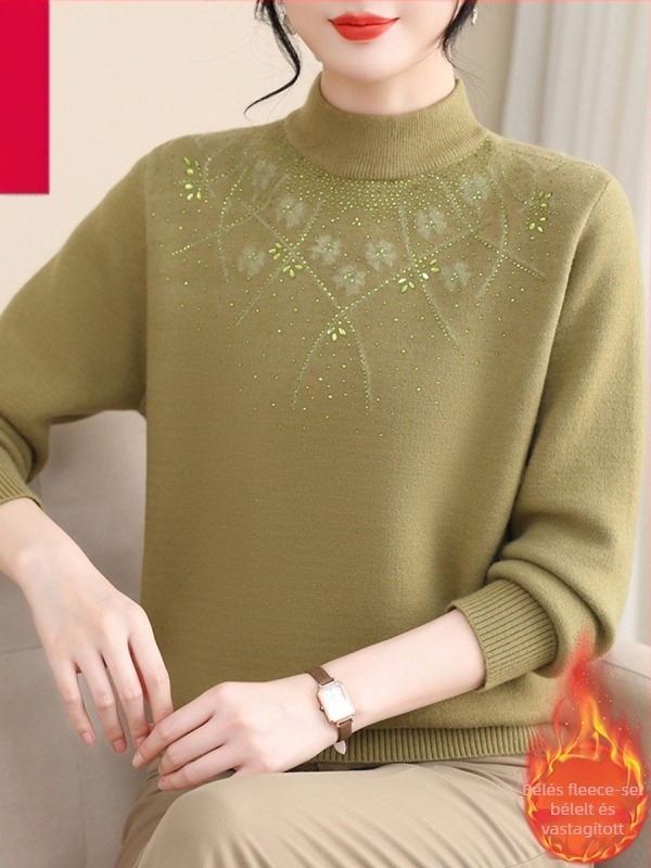 Női meleg fleece-béléssel ellátott kötött alapréteg felső, pulóver | Poliészter 95%+, hosszú ujjú, félmagas gallér, szabályos hossz 50–65 cm