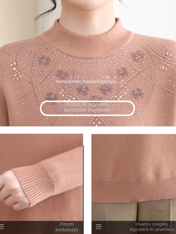 Női meleg fleece-béléssel ellátott kötött alapréteg felső, pulóver | Poliészter 95%+, hosszú ujjú, félmagas gallér, szabályos hossz 50–65 cm