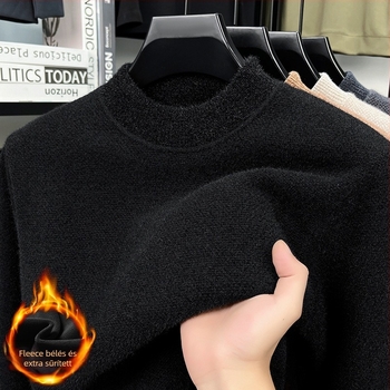 Férfi kapucnis kötött pulóver fleece-béléssel, téli meleg, egyszínű
