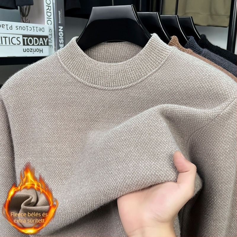 Férfi kapucnis kötött pulóver fleece-béléssel, téli meleg, egyszínű