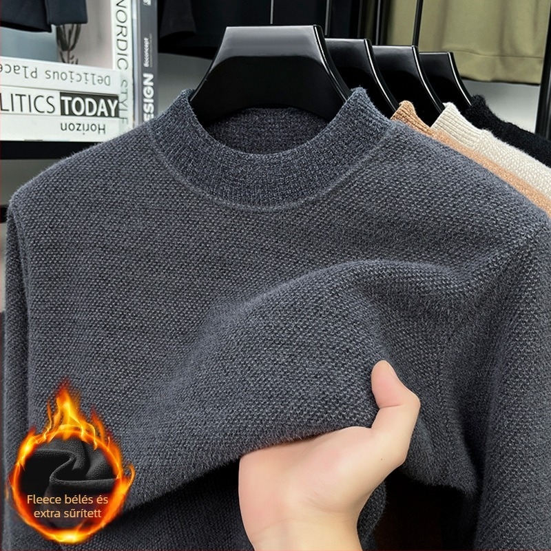 Férfi kapucnis kötött pulóver fleece-béléssel, téli meleg, egyszínű
