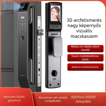 Arcfelismerős ajtózár ujjlenyomat és jelszóval — 100 ujjlenyomat tárolás, >100000 nyitás, szkennelési idő <0,01 s, hamis felismerés <0,0004%, -20°C-tól 60°C-ig