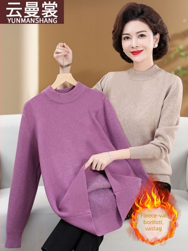 Női pulóver fleece bélésével és fél magas nyakkal (laza szabás, hosszú ujjú, poliészter >95%)