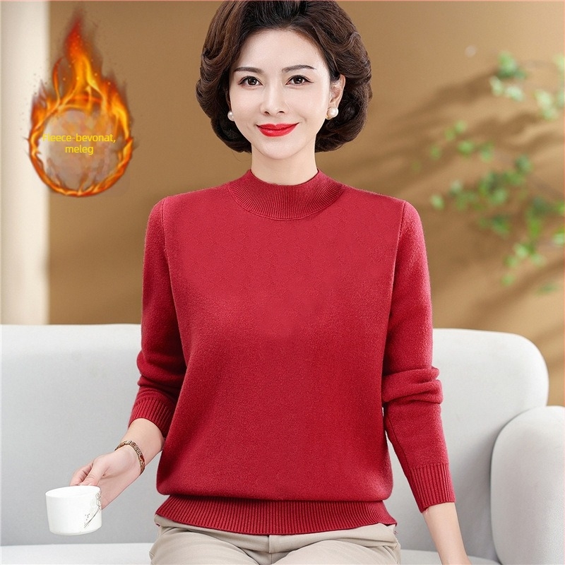 Női pulóver fleece bélésével és fél magas nyakkal (laza szabás, hosszú ujjú, poliészter >95%)