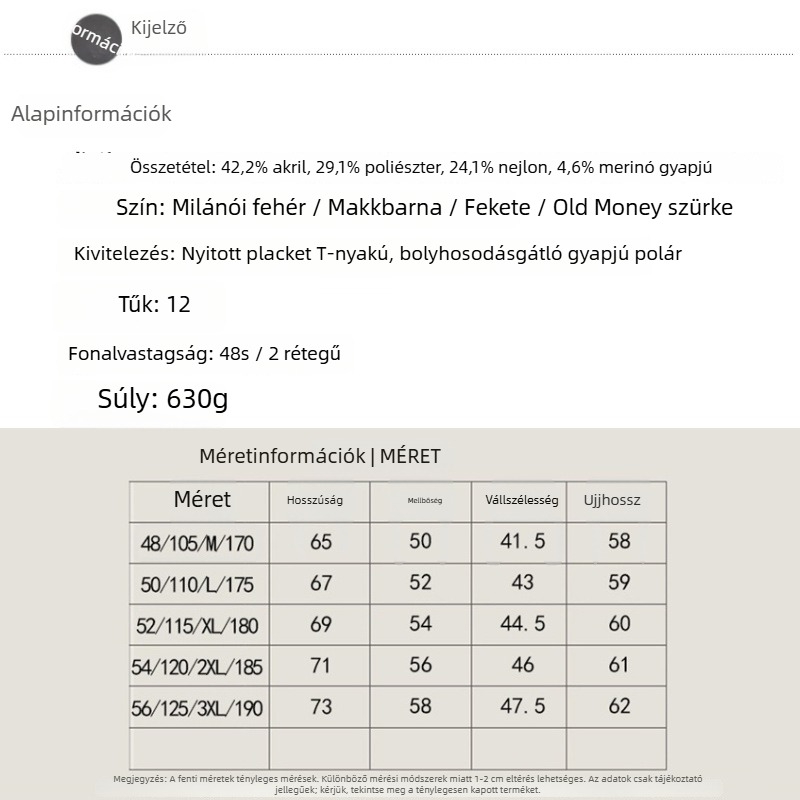 12-Gauge őszi-téli vastag kötött pulóver polo gallérral, gyapjúkeverék, anti-pilling, 630g, lazább szabás