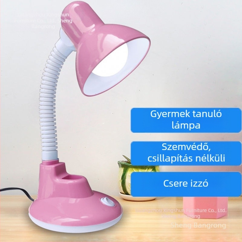 LED asztali lámpa cserélhető izzóval – gyerekeknek és diákoknak, szemvédelmet nyújtva (110–240V, gombkapcsoló, konnektoros áramellátás, Fényerősség osztálya A, CRI ≤70)