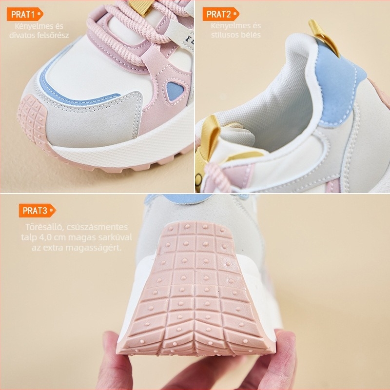 Női Dad Shoes stílusú sportcipő vastag emelt talppal (3–5 cm), magas PU felsőrész, elöl fűzőzárás, gumírozott talp, injection-molded technológiával