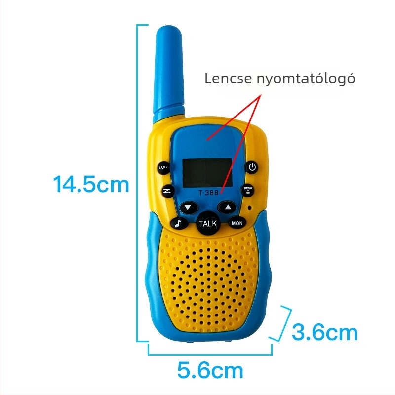 Gyerekeknek szóló walkie-talkie T-388, 400-470MHz, 0,5W, hatótáv 1,5–3km, 4 AA elem, kijelzővel