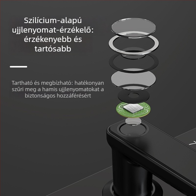 Okos zár – Modell F7P; 100 ujjlenyomat-tárolás; 0,1 s szkennelési idő; hamis elfogadási arány <0,1%; élettartam > 500 000 ciklus