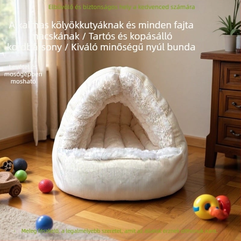 Macska fészek — plüss anyag, félig zárt kialakítás, egész éves meleg
