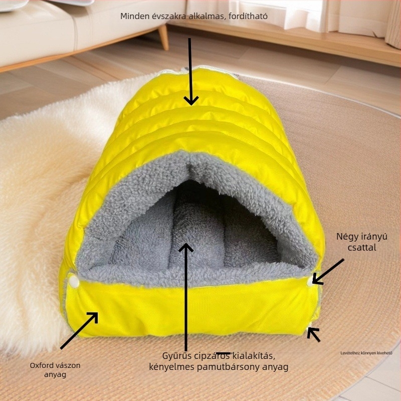 Macska fészek — plüss anyag, félig zárt kialakítás, egész éves meleg