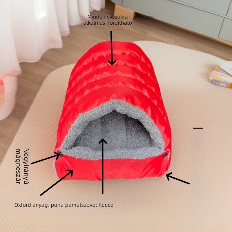 Macska fészek — plüss anyag, félig zárt kialakítás, egész éves meleg