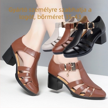 Peep Toe szandálok, marhabőr felsőrész, ujj formája: halszáj, 3–6 cm középmagas sarok, vastag sarok, csatos záródás