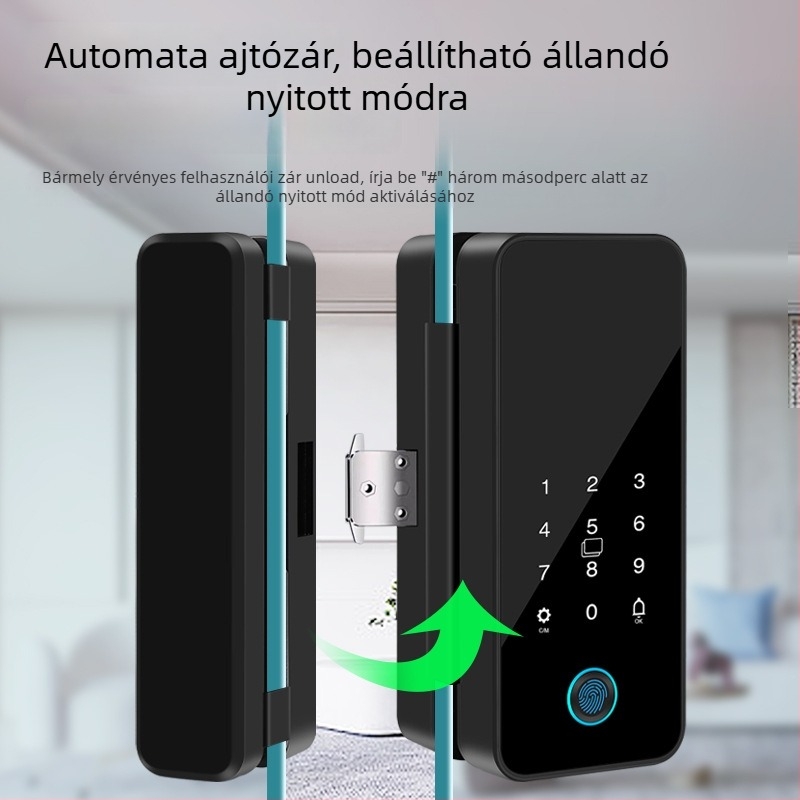 Intelligens üvegajtó zár Tuya alkalmazás vezérléssel, ujjlenyomat és jelszó hitelesítéssel, irodai ajtókhoz – keretessel vagy keret nélkül, egy- vagy kétszárnyú ajtókhoz