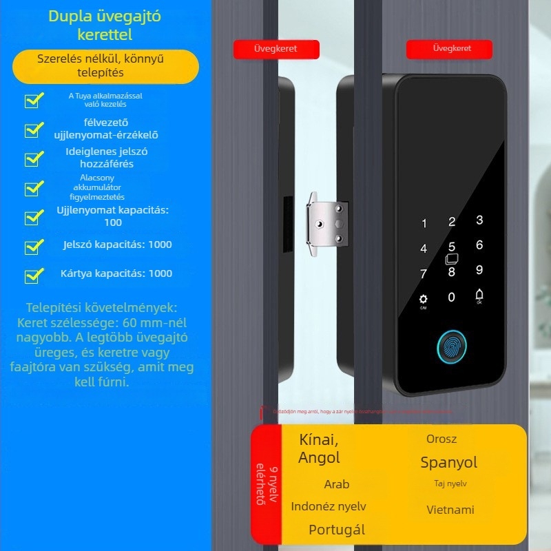 Intelligens üvegajtó zár Tuya alkalmazás vezérléssel, ujjlenyomat és jelszó hitelesítéssel, irodai ajtókhoz – keretessel vagy keret nélkül, egy- vagy kétszárnyú ajtókhoz