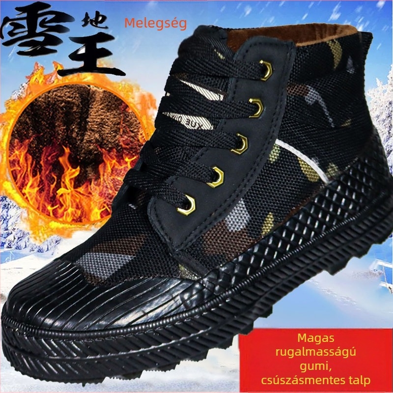 Snow King téli magas szárú túrabakancs - uniszex, kamufláž vászon, fleece bélés, vastagított kivitel, gumitalp, csúszásmentes, meleg, ütéscsillapítás