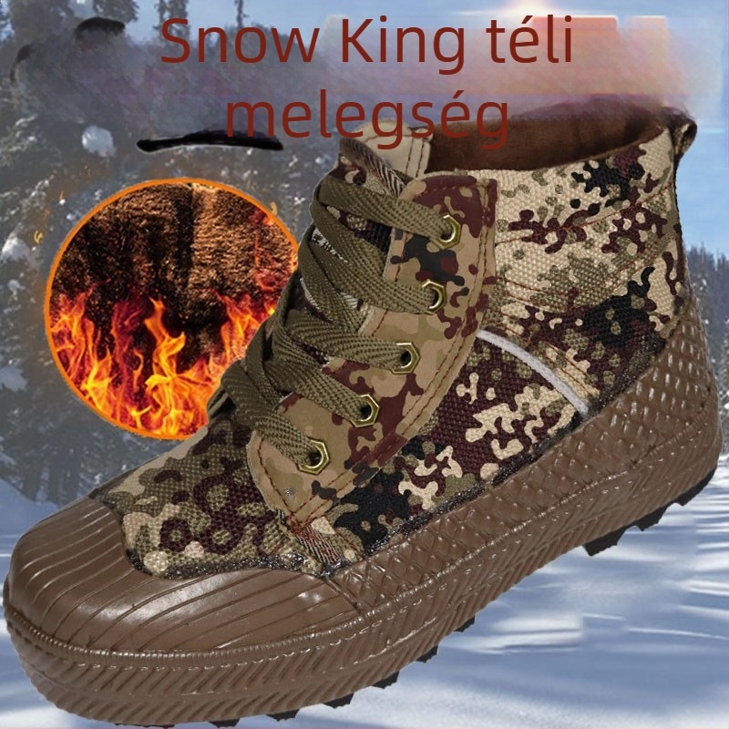 Snow King téli magas szárú túrabakancs - uniszex, kamufláž vászon, fleece bélés, vastagított kivitel, gumitalp, csúszásmentes, meleg, ütéscsillapítás