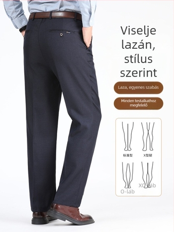 Férfi téli üzleti casual nadrág, laza egyenes szabás, magas derekú, cipzáras zárás, egyszínű, több zseb, enyhén elasztikus