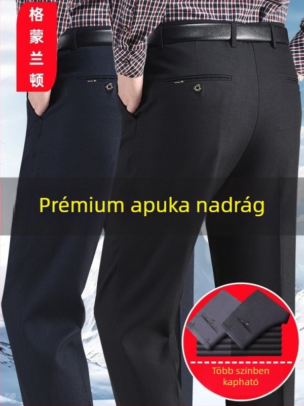 Férfi téli üzleti casual nadrág, laza egyenes szabás, magas derekú, cipzáras zárás, egyszínű, több zseb, enyhén elasztikus