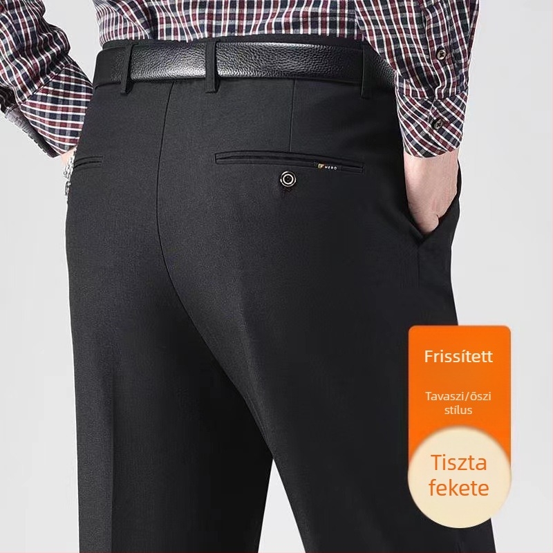 Férfi téli üzleti casual nadrág, laza egyenes szabás, magas derekú, cipzáras zárás, egyszínű, több zseb, enyhén elasztikus