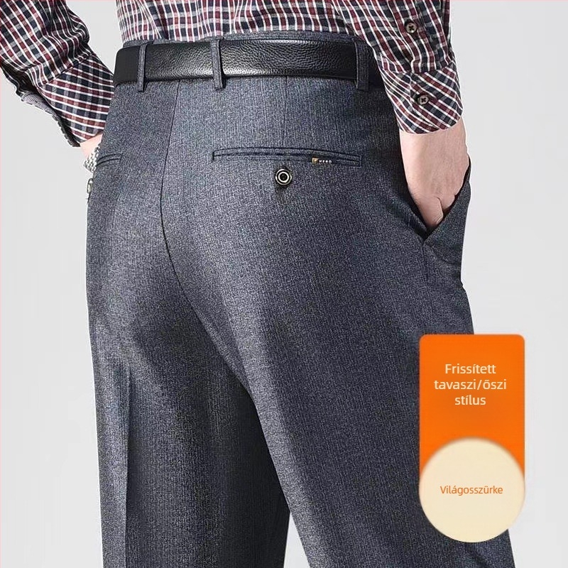 Férfi téli üzleti casual nadrág, laza egyenes szabás, magas derekú, cipzáras zárás, egyszínű, több zseb, enyhén elasztikus