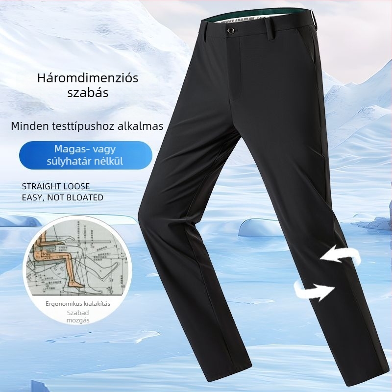 Tavasz–nyár férfiaknak: laza üzleti nadrág, elasztikus anyag, egyenes szabás, magas derék, öv nélkül, zipzár, vékony, egyszínű
