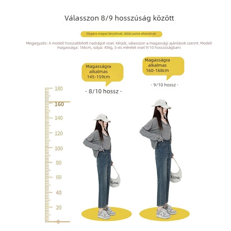 Női vintage kék egyenes szabású farmernadrág, őszi-téli új modell, laza szabás, magas derék, karcsúsító hatás, sokoldalú, kis testalkatúaknak, cropped cigaretta fazon