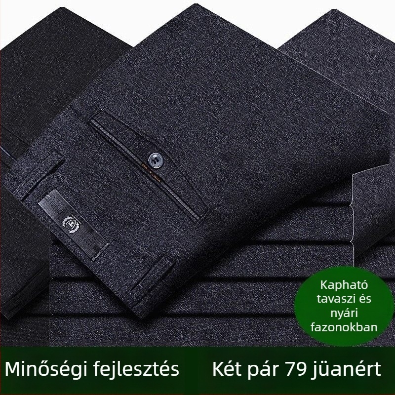 Férfiaknak készült vastag őszi-téli egyenes nadrág, lazább szabás, középmagas derék, öv nélkül, cipzár, pamut-keverék, egyszínű