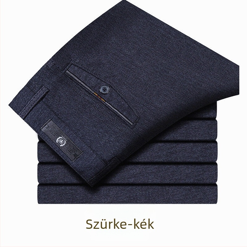 Férfiaknak készült vastag őszi-téli egyenes nadrág, lazább szabás, középmagas derék, öv nélkül, cipzár, pamut-keverék, egyszínű