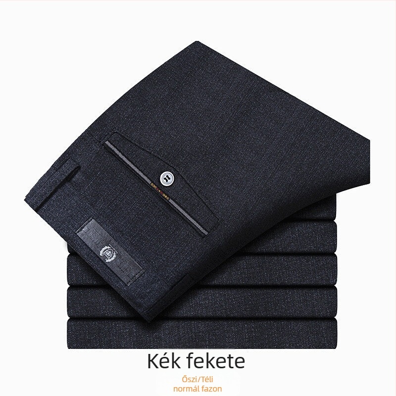 Férfiaknak készült vastag őszi-téli egyenes nadrág, lazább szabás, középmagas derék, öv nélkül, cipzár, pamut-keverék, egyszínű