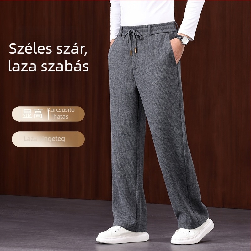 Prémium gyapjú-keverékből készült széles szárú férfi casual nadrág, őszi vastag anyag, laza egyenes szabás, gyűrődésálló