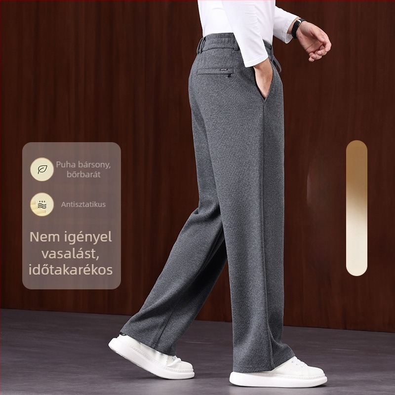 Prémium gyapjú-keverékből készült széles szárú férfi casual nadrág, őszi vastag anyag, laza egyenes szabás, gyűrődésálló