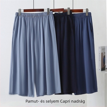 Férfi pamut-selyem otthoni nadrág, rövid fazon, középmagas derék, nyárra