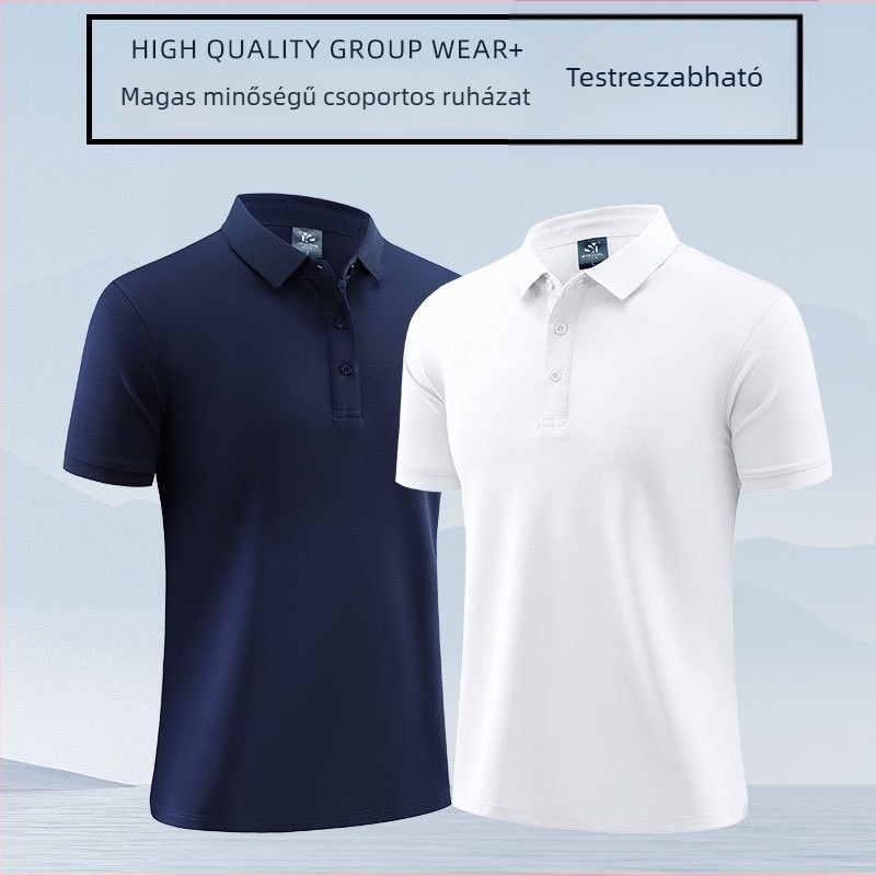 Nyári munkaruha poloing – egyedi logó nyomtatással és hímzéssel; 50% pamut (combed cotton); nedvességelvezető anyag; rövid ujjú; testhezálló szabás; gépi mosás