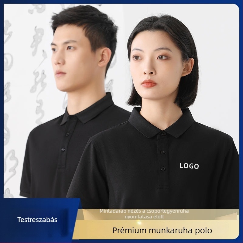 Nyári munkaruha poloing – egyedi logó nyomtatással és hímzéssel; 50% pamut (combed cotton); nedvességelvezető anyag; rövid ujjú; testhezálló szabás; gépi mosás