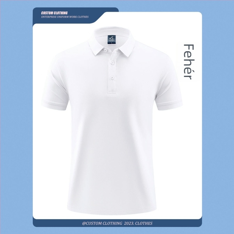 Nyári munkaruha poloing – egyedi logó nyomtatással és hímzéssel; 50% pamut (combed cotton); nedvességelvezető anyag; rövid ujjú; testhezálló szabás; gépi mosás