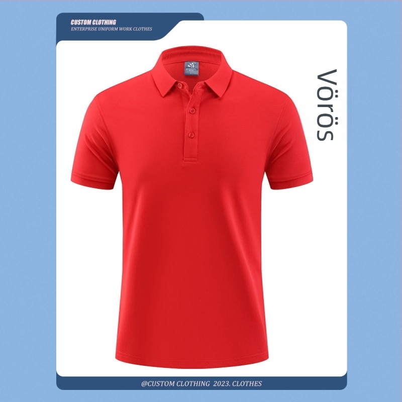 Nyári munkaruha poloing – egyedi logó nyomtatással és hímzéssel; 50% pamut (combed cotton); nedvességelvezető anyag; rövid ujjú; testhezálló szabás; gépi mosás