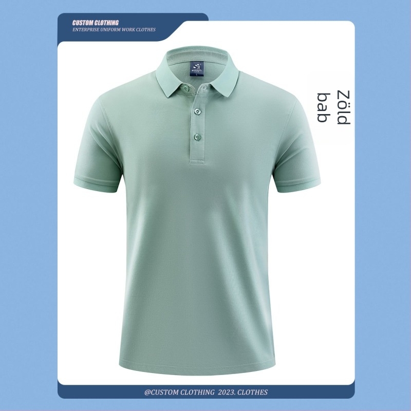Nyári munkaruha poloing – egyedi logó nyomtatással és hímzéssel; 50% pamut (combed cotton); nedvességelvezető anyag; rövid ujjú; testhezálló szabás; gépi mosás