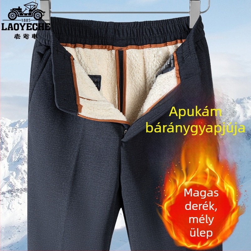 Téli fleece-béléssel ellátott vastag nadrág középkorú és idős férfiak számára, hétköznapi kültéri viselet